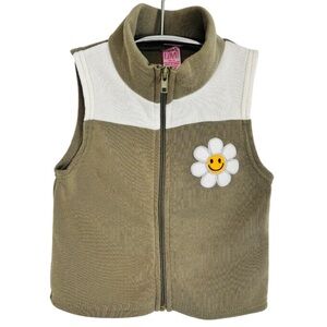Love Olive Green & White Kids Girl Full Zip Vest with Smiley Flower Size 3T